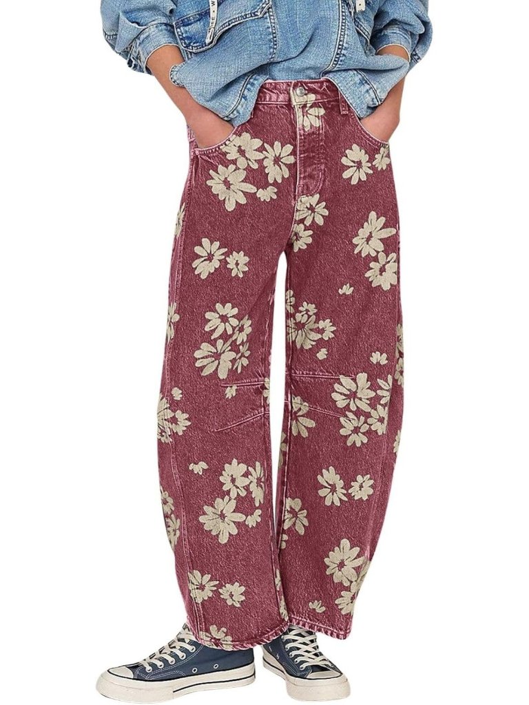 Women's Red Denim Floral Printed Y2k Mid Rise Zipper Baggy Barrel Jeans